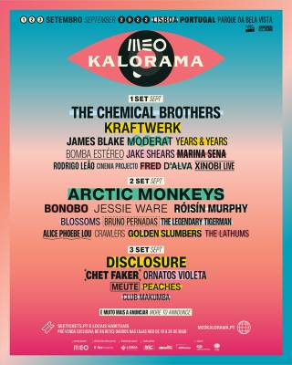 Cartaz: PRIMEIRA EDIÇÃO DO FESTIVAL MEO KALORAMA LISBOA ARRANCA EM SETEMBRO DE 2022 COM ARCTIC MONKEYS, THE CHEMICAL BROTHERS, DISCLOSURE, KRAFTWERK E MUITO MAIS